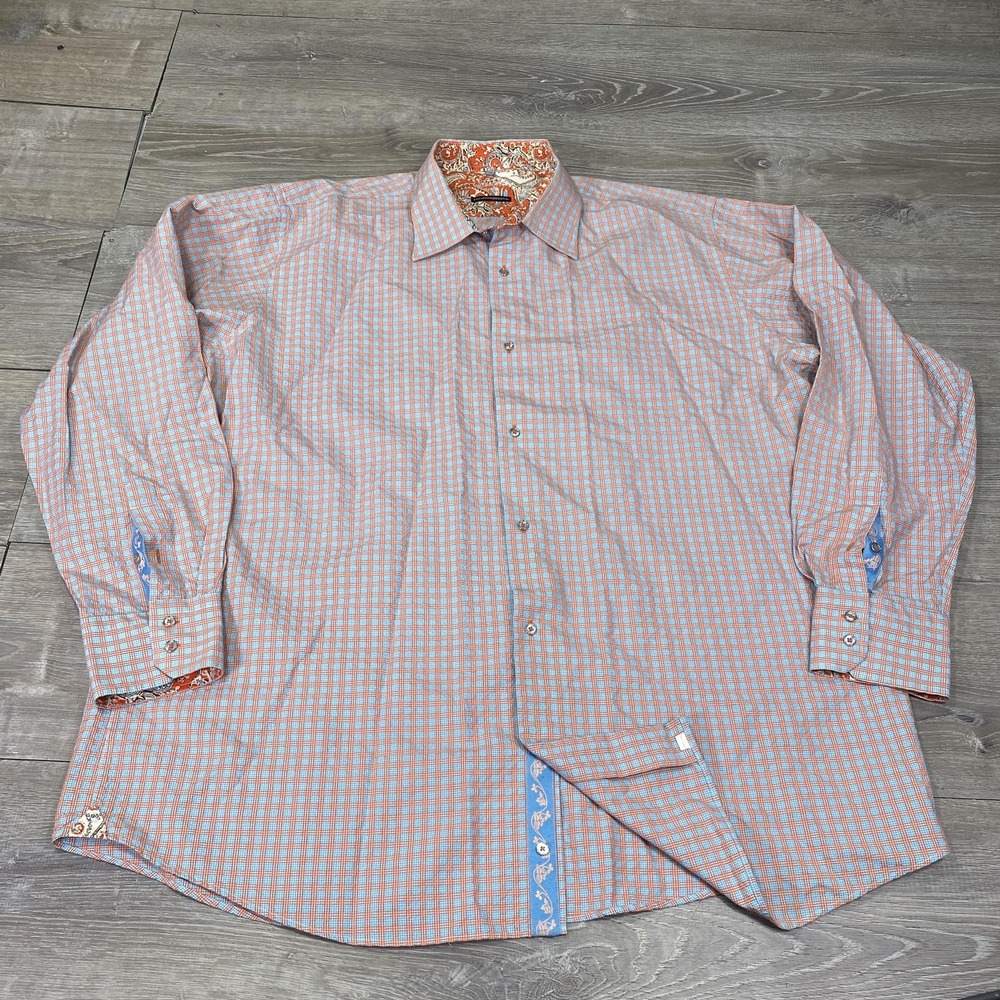 Visconti Shirt Mens‎ 3XL Orange Blue Check Long Sleeve Button Front Paisley